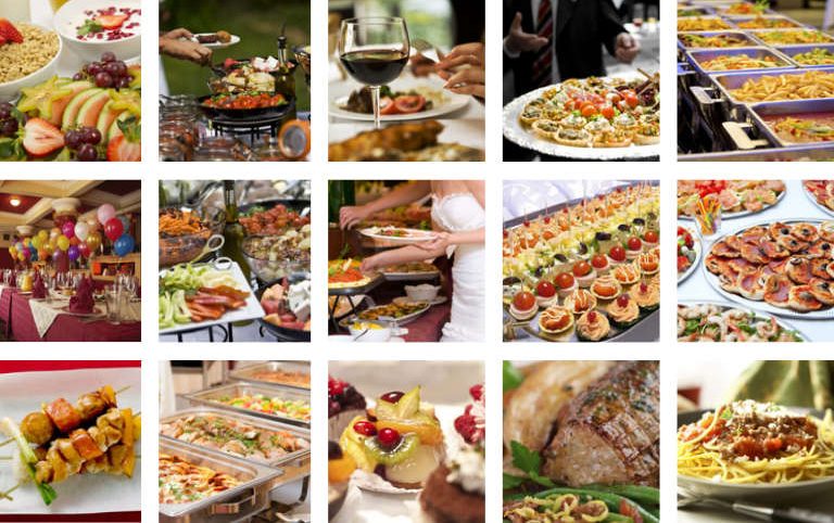 Eine Collage aus verschiedenen Buffet-Varianten von Al-Layal Catering, die orientalische, europäische und weitere Buffet-Arten präsentiert.