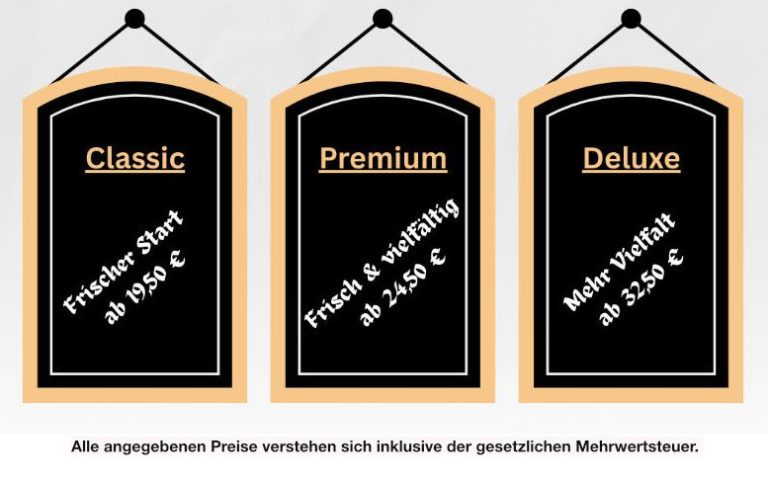Drei Speisekarten für die Angebots-Pakete Classic, Premium und Deluxe von Al-Layal in Berlin & Brandenburg.