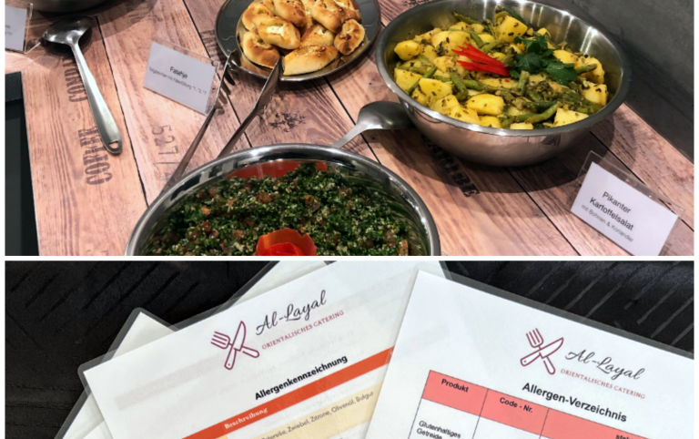 Ihr libanesisches Hochzeitscatering: Buffet mit verschiedenen Speisen und Speiseplänen auf einem Holzstament.