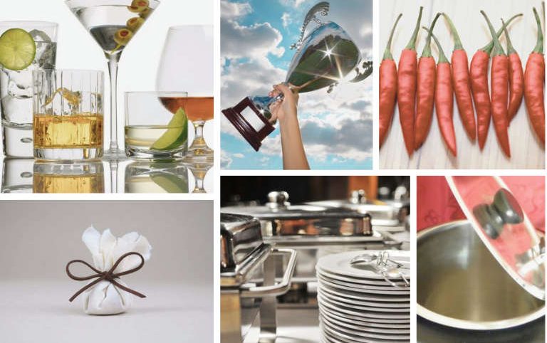 Eine Collage, die zusätzliche Services von Al-Layal Catering zeigt, darunter Gastgeschenke, Leihgeschirr, Getränke und Leihgegenstände.