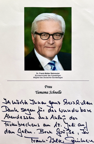 Partyservice Catering Brieselang mit einem Dankschreiben von Dr. Frank-Walter Steinmeier für ein leckeres Abendessen.