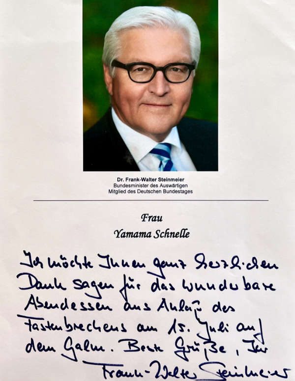 Dankschreiben von Dr. Frank-Walter Steinmeier an die Inhaberin von Al-Layal Catering. Dankschreiben von Dr. Frank-Walter Steinmeier an die Inhaberin von Al-Layal Catering.