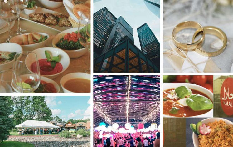 Eine Collage aus verschiedenen Catering-Szenarien von Al-Layal Catering, die Hochzeit, Firmenfeier & Events in Berlin-Brandenburg zeigt.