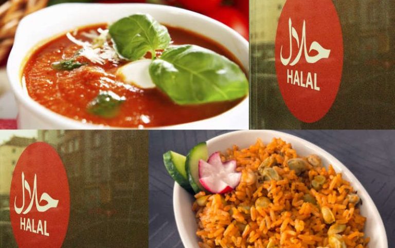Collage von Al-Layal-Spezialitäten-Catering zeigt vegane, vegetarische und Halal-zertifizierte Speisenoptionen.