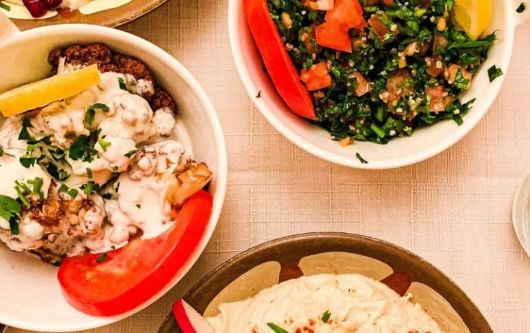 Auswahl an köstlichen veganen und vegetarischen Mezze von Al-Layal-Catering, inklusive Salate und Dips.