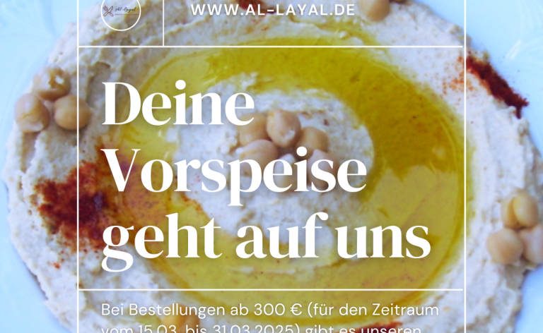 Kostenloser Hummus-Dip zu Catering-Bestellungen Al-Layal Berlin-Brandenburg.