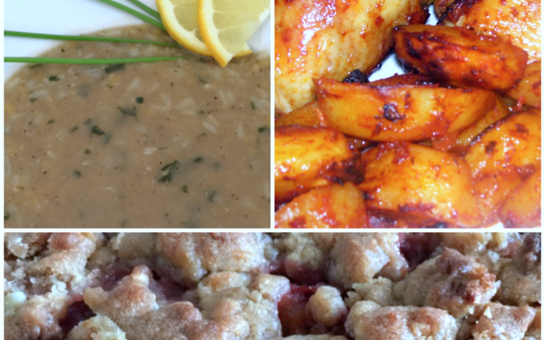 Catering-Angebote Berlin mit Linsensuppe, gebratenem Hähnchen und Kartoffeln sowie einer Nachspeise.